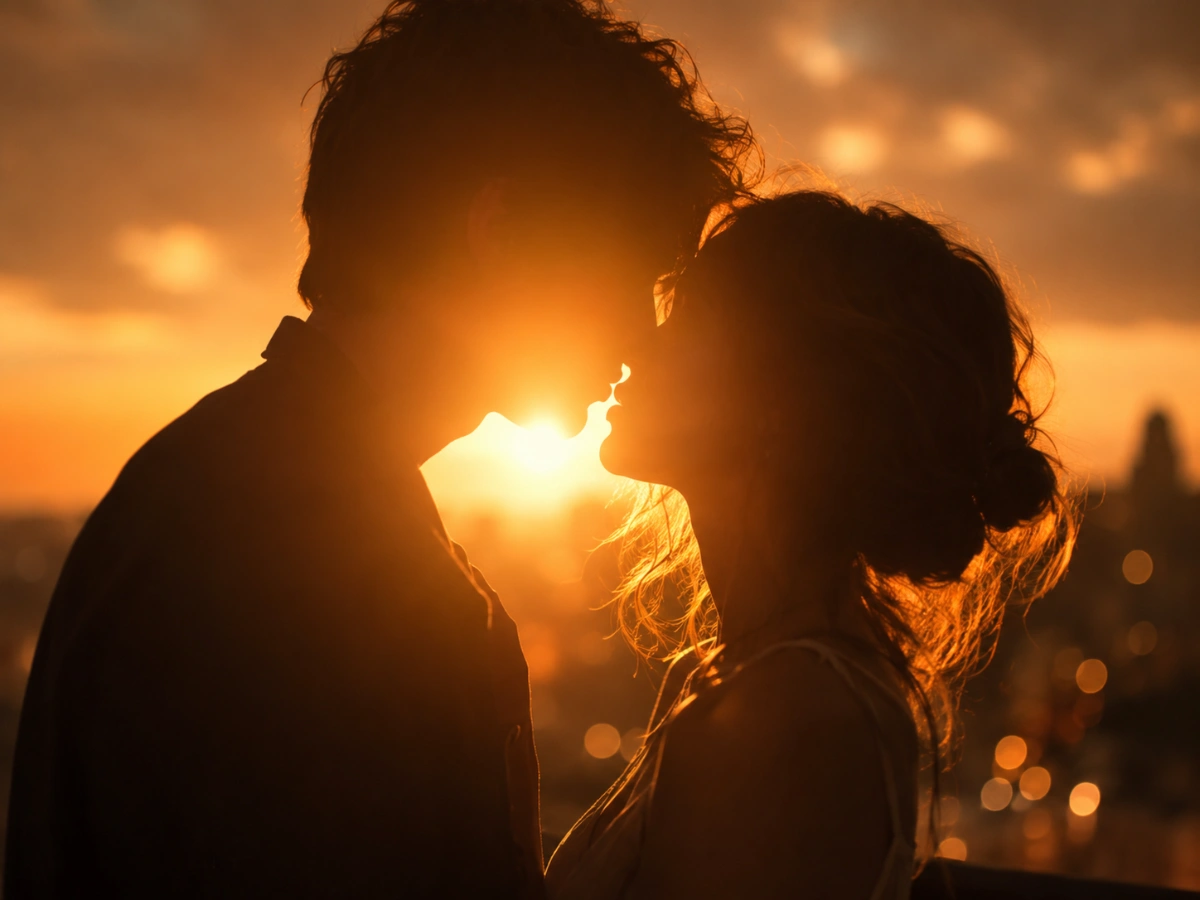 Silhueta de um casal se beijando ao pôr do sol.