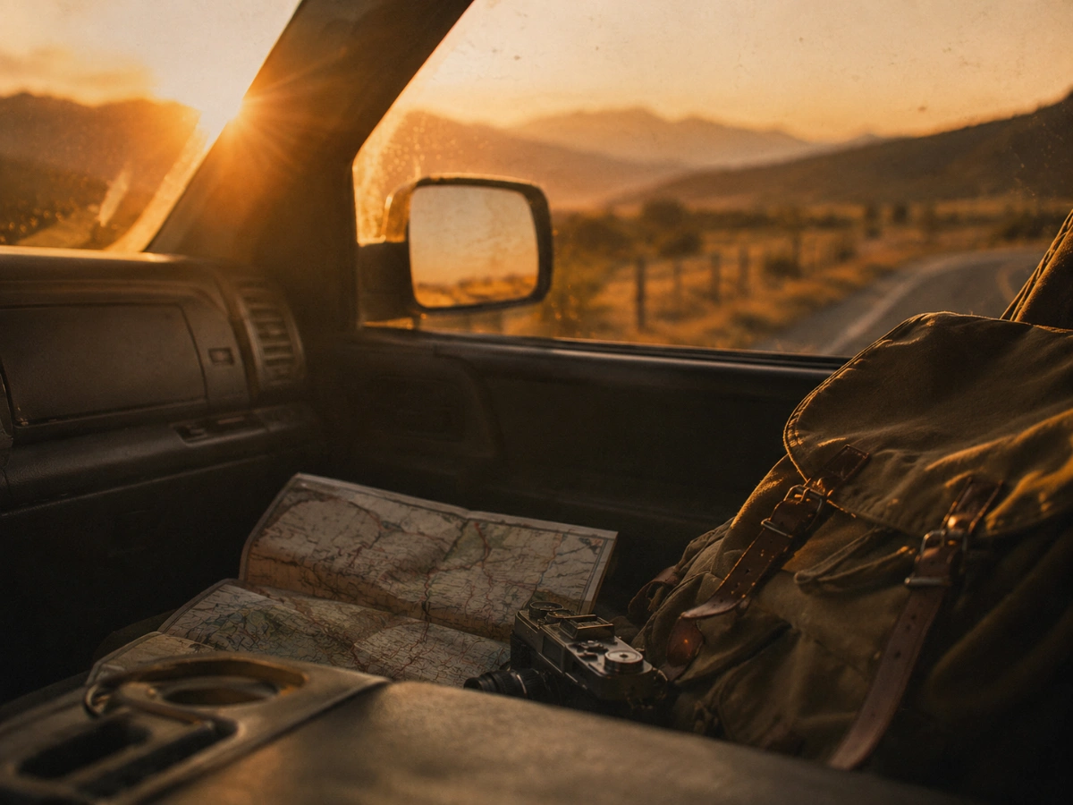 Vista do interior de um carro durante uma viagem ao pôr do sol, com mochila e mapa.